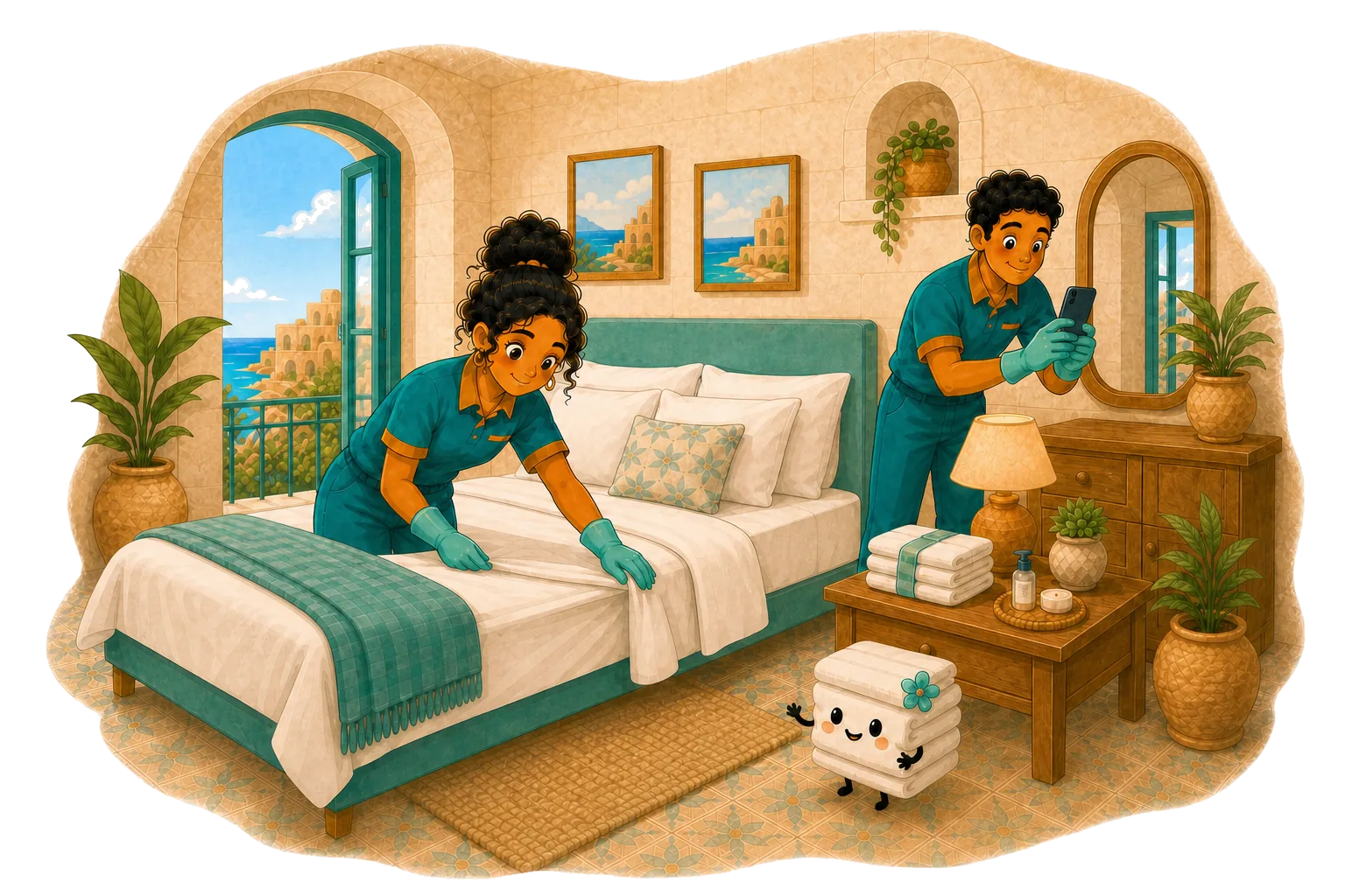 Latin American cleaning professionals preparing a Maltese short-let bedroom for the next guest
