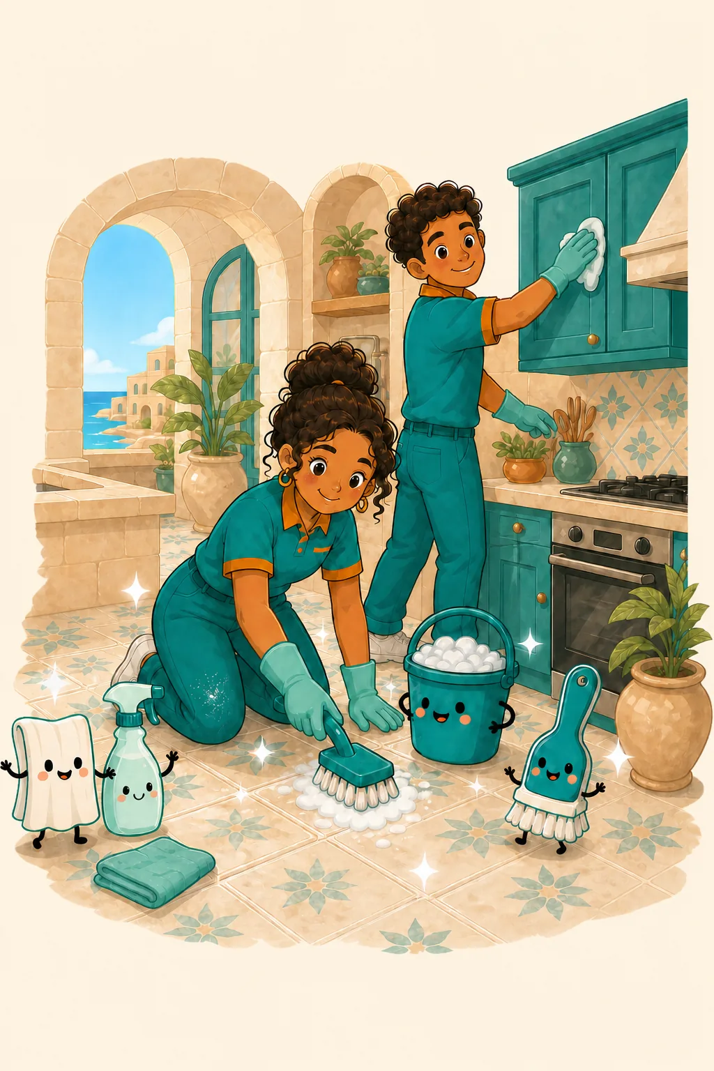 Latin American cleaning professionals scrub tiles, descale grout and detail appliances during a deep clean in a Maltese home