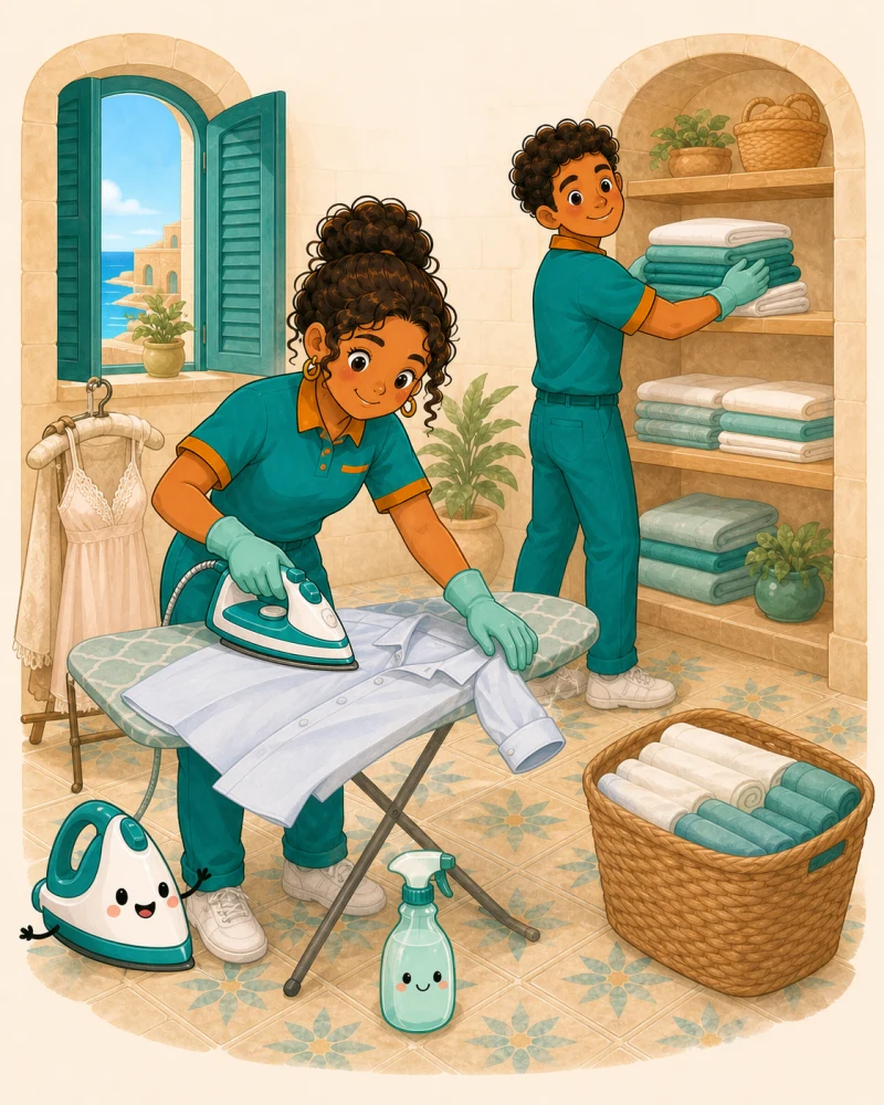 Professional ironing a shirt while a colleague organises folded linens in a Maltese home