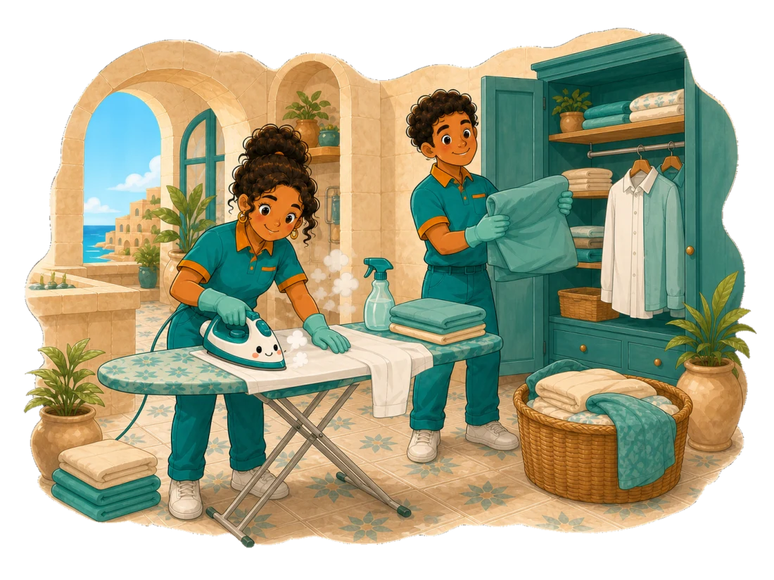 Latin American professionals ironing shirts and folding fresh laundry in a Maltese home