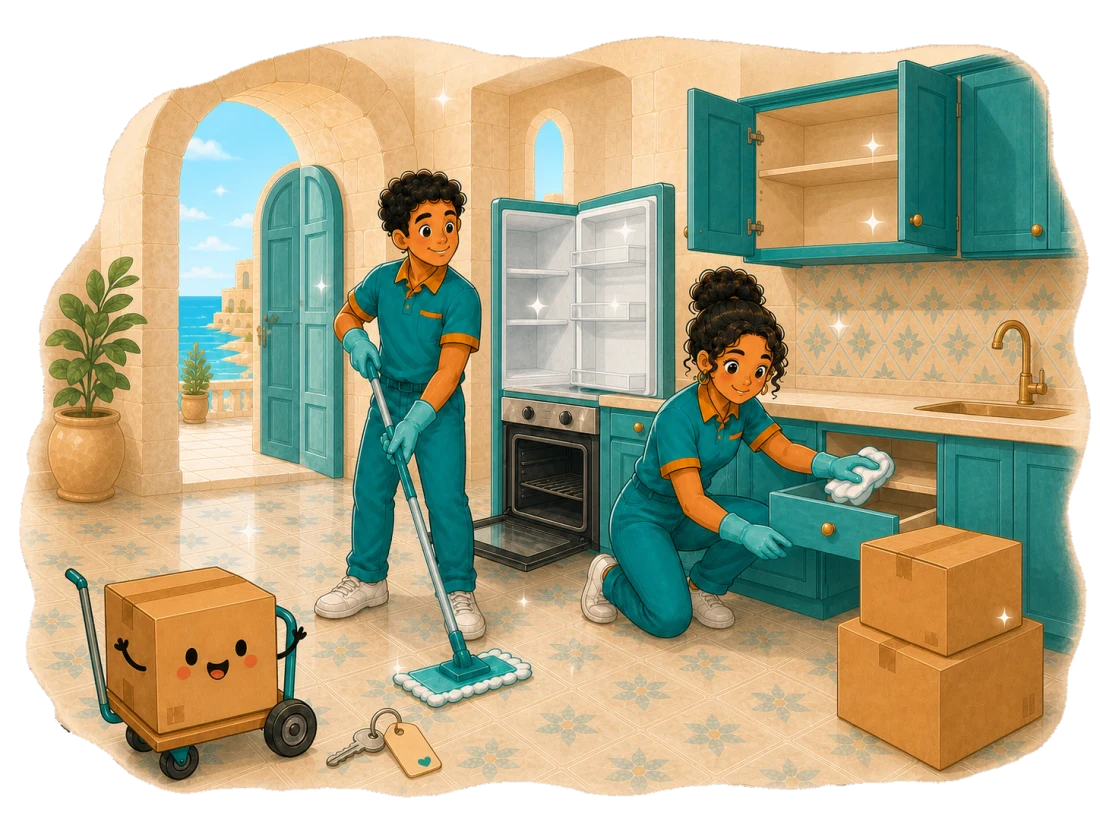 Latin American cleaning professionals prepare a Maltese home for a move with boxes, cabinets and appliances