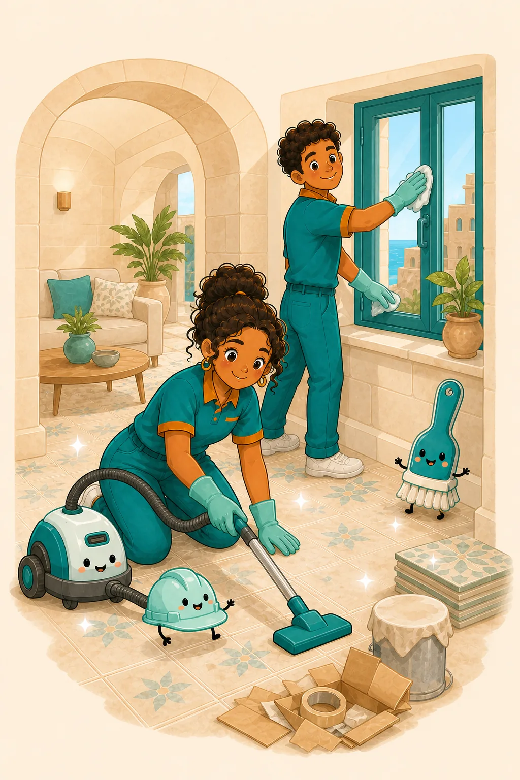 Latin American cleaning professionals remove renovation dust from floors and windows in a newly finished Maltese home