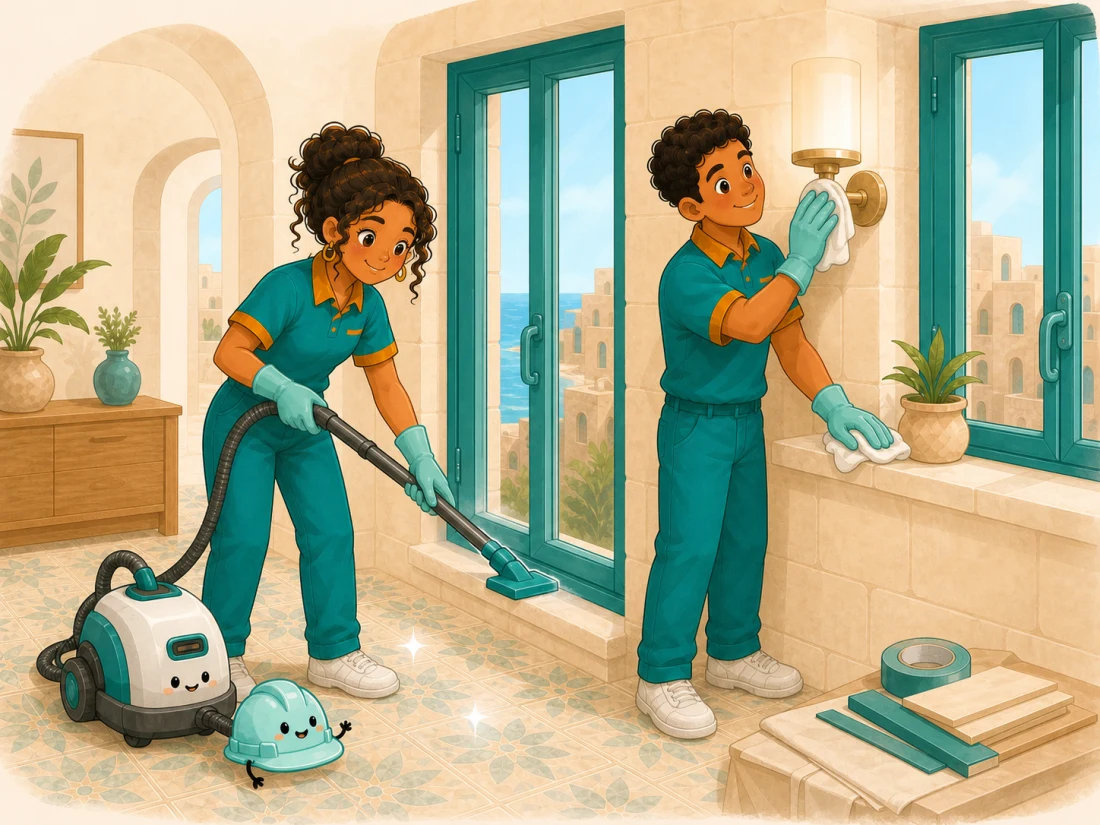 Latin American cleaning professionals remove fine renovation dust from window tracks, fixtures and Maltese tiled floors