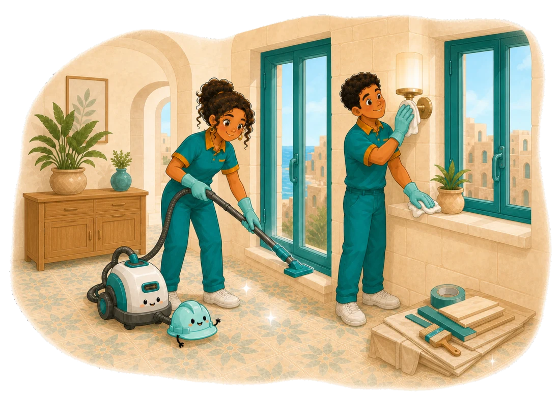 Illustration of a specialist post-construction cleaner vacuuming a newly renovated room