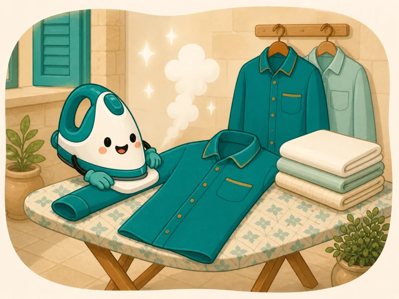 Cute steam iron pressing a shirt beside folded linens