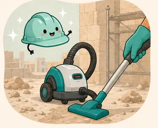 Post-construction vacuum and hard-hat illustration