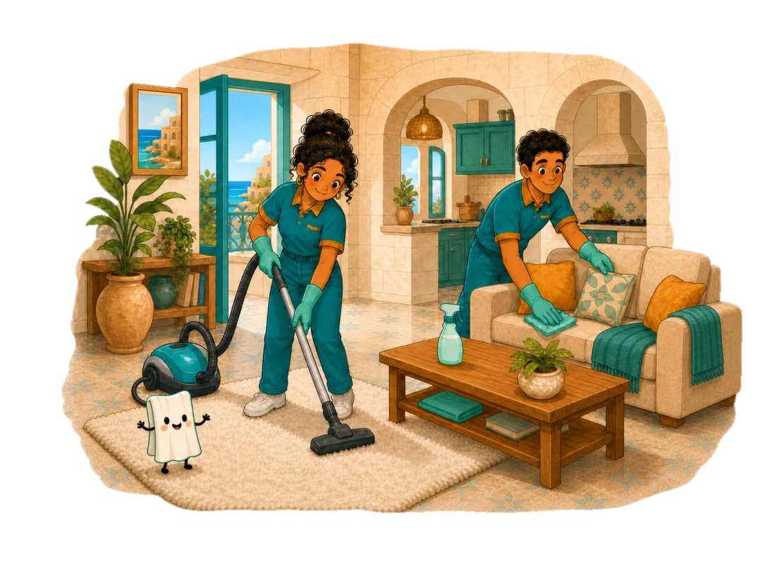Illustration of a professional cleaner refreshing a Maltese home with spray and cloth