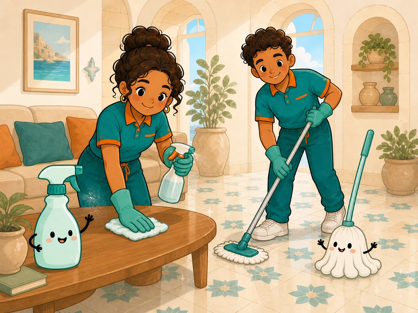 Latin American professionals actively clean a Maltese home