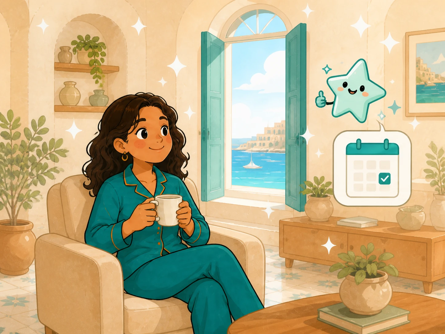 Customer relaxes with a warm drink in her spotless Maltese home